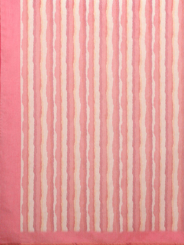 Red Cotton Blend Digital Print Striped Saree with Unstitched Blouse - Hiral Fashion