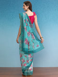Turquoise Cotton Blend Digital Print Floral Saree with Unstitched Blouse - Hiral Fashion