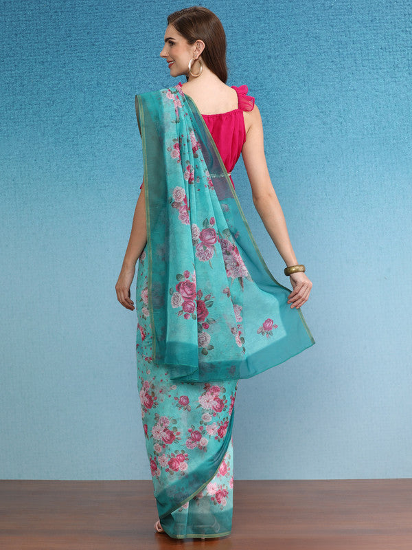 Turquoise Cotton Blend Digital Print Floral Saree with Unstitched Blouse - Hiral Fashion
