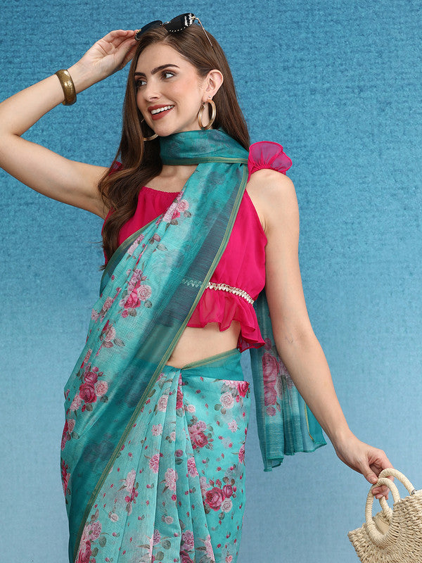 Turquoise Cotton Blend Digital Print Floral Saree with Unstitched Blouse - Hiral Fashion