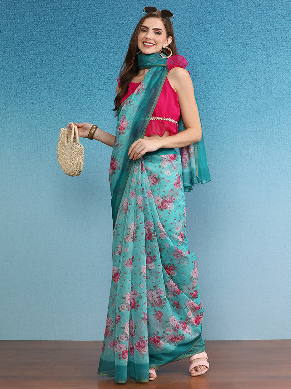 Turquoise Cotton Blend Digital Print Floral Saree with Unstitched Blouse - Hiral Fashion