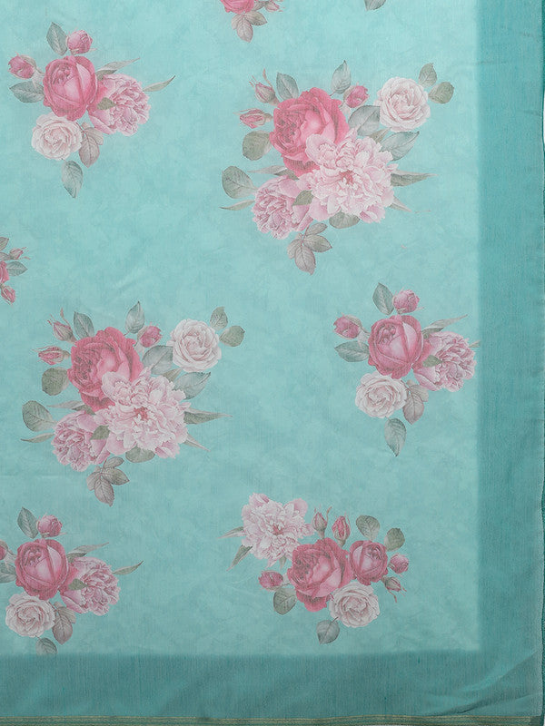 Turquoise Cotton Blend Digital Print Floral Saree with Unstitched Blouse - Hiral Fashion