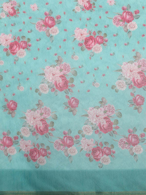 Turquoise Cotton Blend Digital Print Floral Saree with Unstitched Blouse - Hiral Fashion