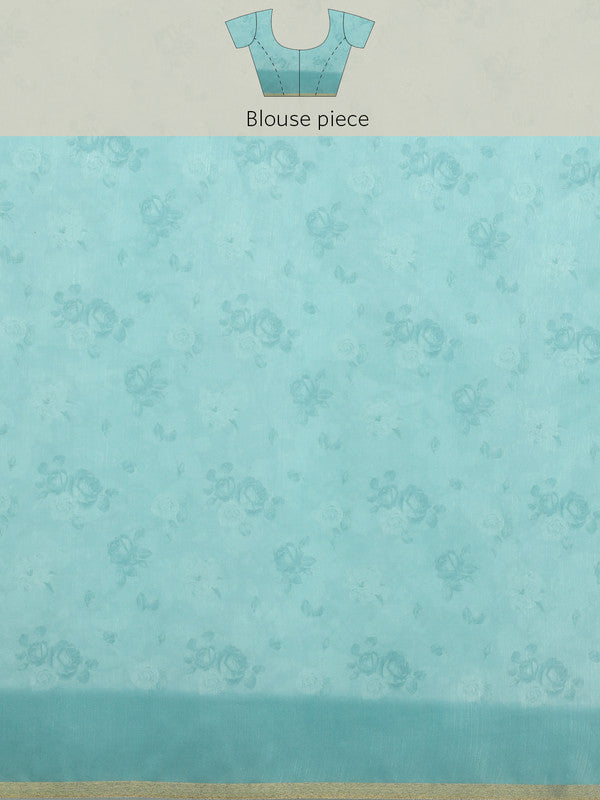 Turquoise Cotton Blend Digital Print Floral Saree with Unstitched Blouse - Hiral Fashion