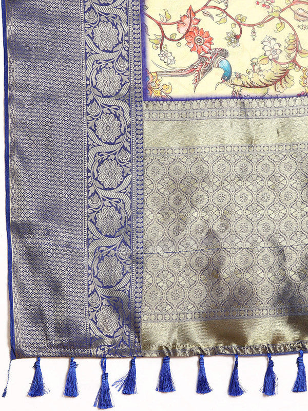 Beige Munga Silk Digital Print Kalamkari Saree with Unstitched Blouse - Hiral Fashion