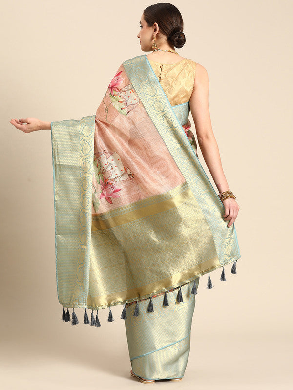 Peach Munga Silk Digital Print Animal Print Saree with Unstitched Blouse - Hiral Fashion