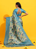 Turquoise Silk Blend Woven Zari Design Floral Saree with Unstitched Blouse - Hiral Fashion