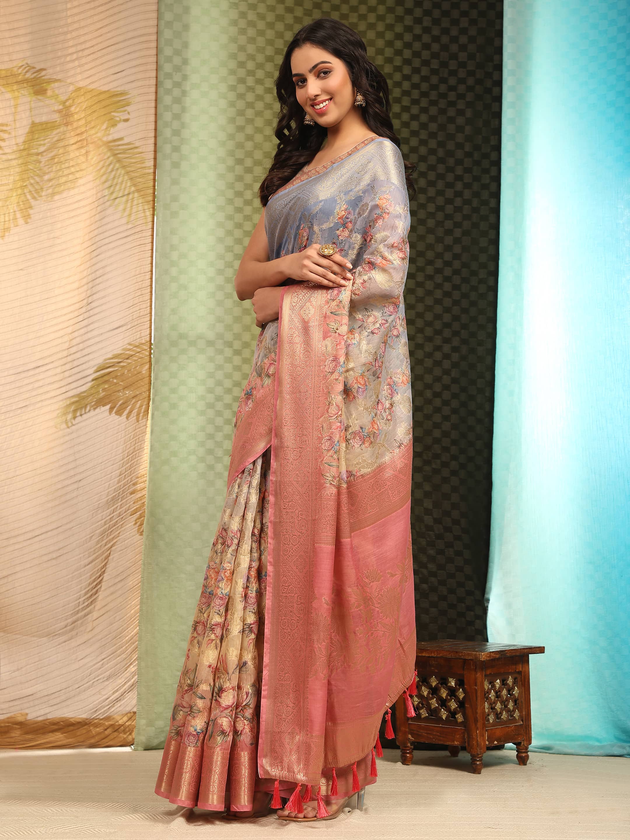 Multicolor Cotton Blend Digital Print Floral Saree with Unstitched Blouse - Hiral Fashion