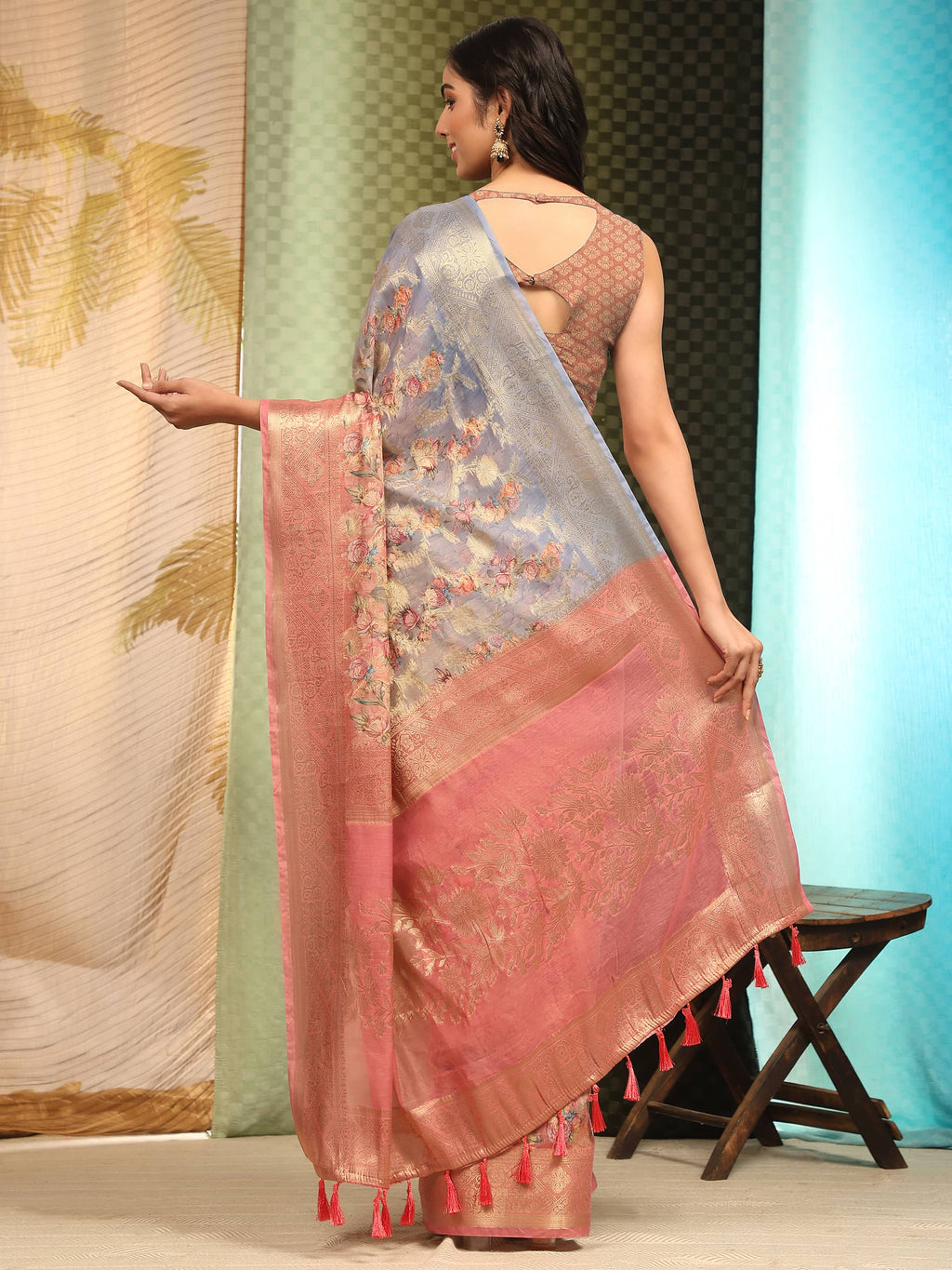 Multicolor Cotton Blend Digital Print Floral Saree with Unstitched Blouse - Hiral Fashion