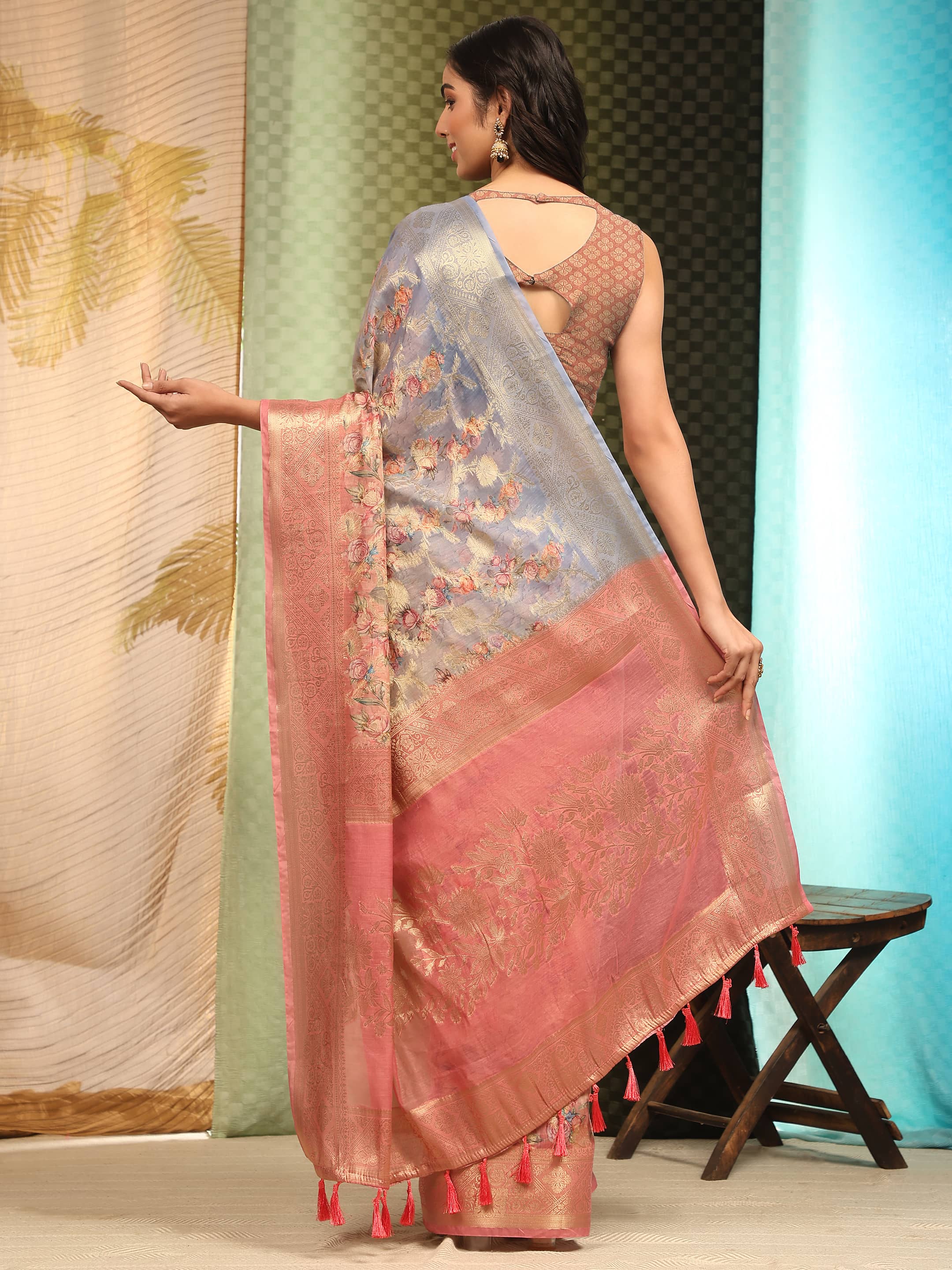 Multicolor Cotton Blend Digital Print Floral Saree with Unstitched Blouse - Hiral Fashion