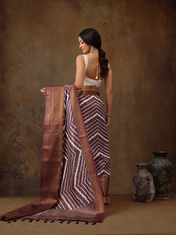 Purple Silk Blend Digital Print Striped Saree with Unstitched Blouse - Hiral Fashion