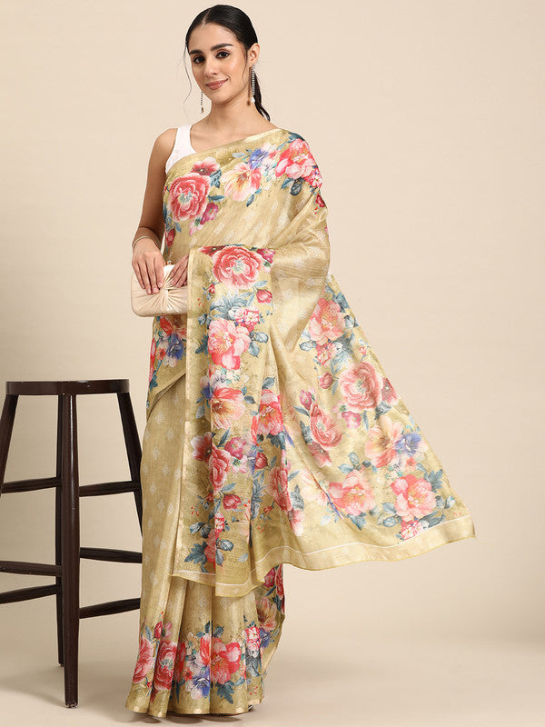 Beige Cotton Blend Digital Print Floral Saree with Unstitched Blouse - Hiral Fashion
