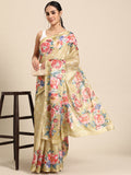 Beige Cotton Blend Digital Print Floral Saree with Unstitched Blouse - Hiral Fashion