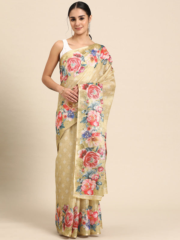 Beige Cotton Blend Digital Print Floral Saree with Unstitched Blouse - Hiral Fashion