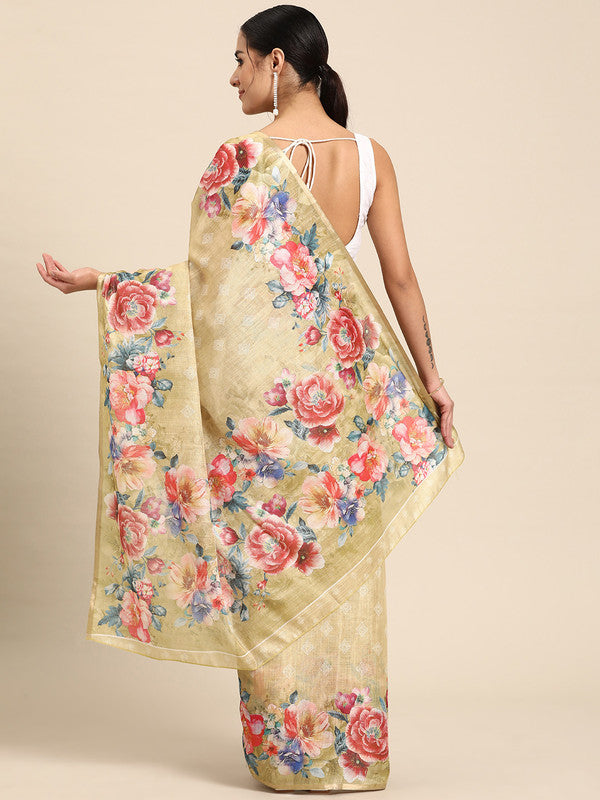 Beige Cotton Blend Digital Print Floral Saree with Unstitched Blouse - Hiral Fashion