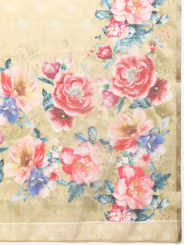 Beige Cotton Blend Digital Print Floral Saree with Unstitched Blouse - Hiral Fashion