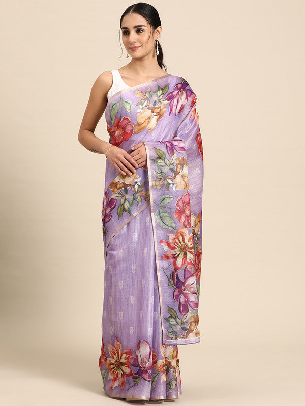 Lavender Cotton Blend Digital Print Floral Saree with Unstitched Blouse - Hiral Fashion