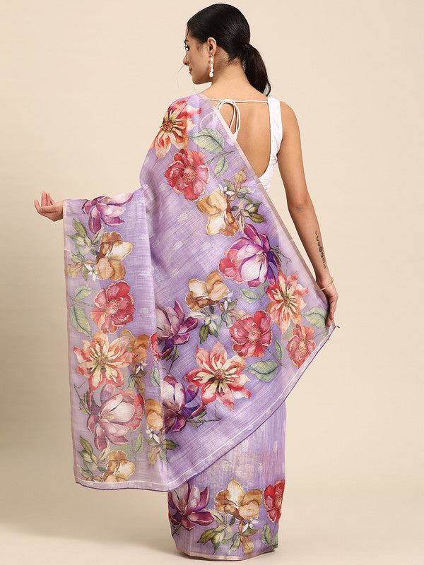 Lavender Cotton Blend Digital Print Floral Saree with Unstitched Blouse - Hiral Fashion