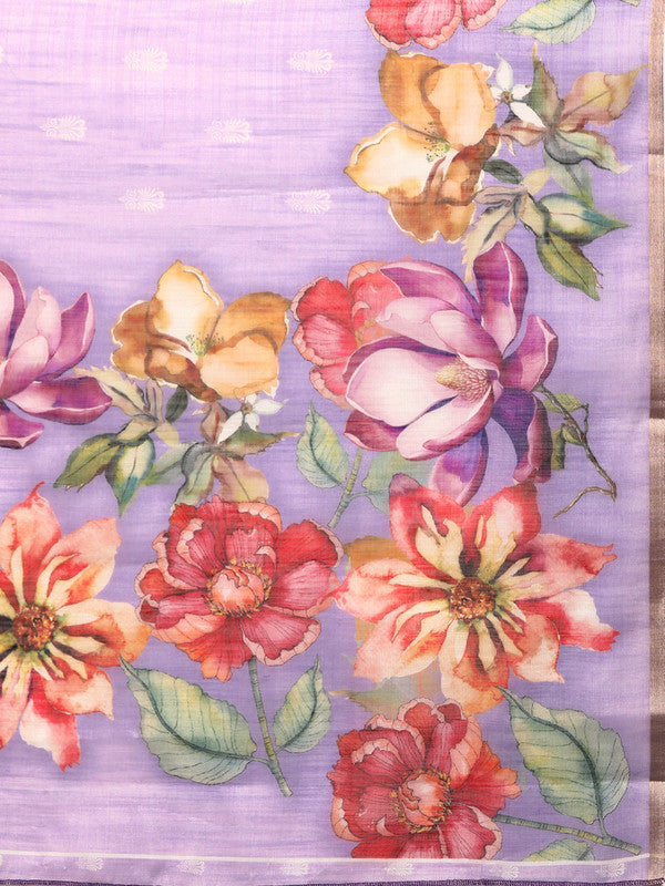 Lavender Cotton Blend Digital Print Floral Saree with Unstitched Blouse - Hiral Fashion