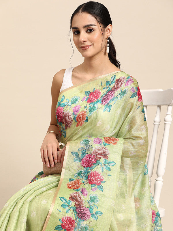 Olive Cotton Blend Digital Print Floral Saree with Unstitched Blouse - Hiral Fashion