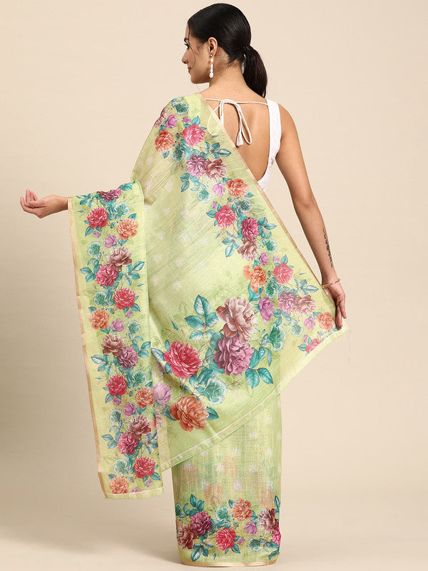 Olive Cotton Blend Digital Print Floral Saree with Unstitched Blouse - Hiral Fashion