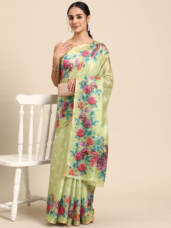 Olive Cotton Blend Digital Print Floral Saree with Unstitched Blouse - Hiral Fashion