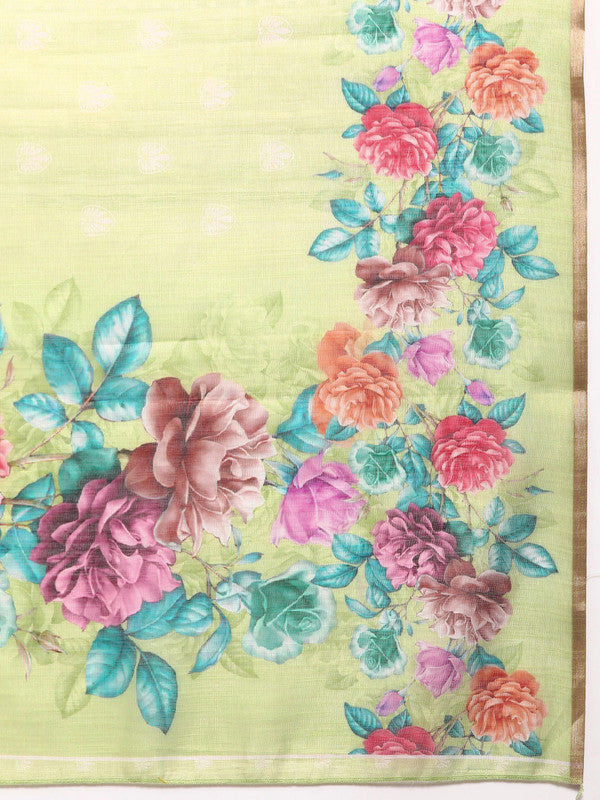 Olive Cotton Blend Digital Print Floral Saree with Unstitched Blouse - Hiral Fashion