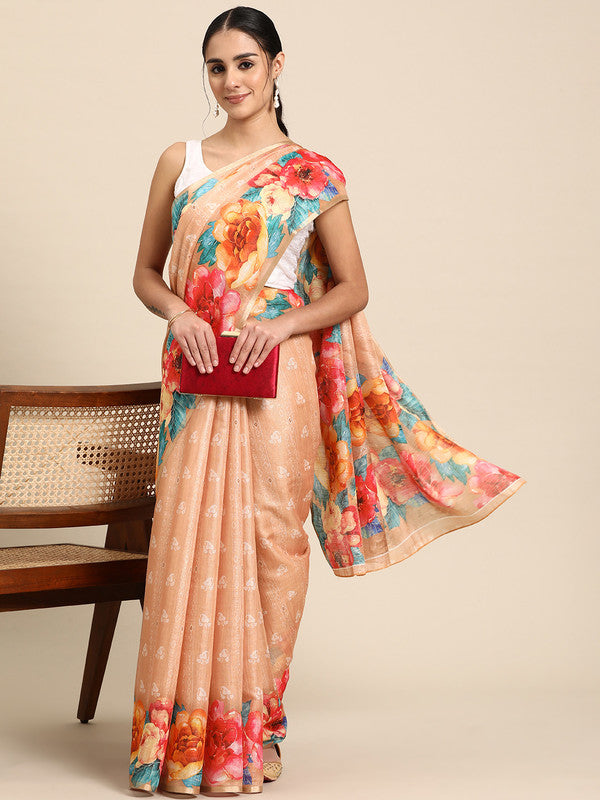 Peach Cotton Blend Digital Print Floral Saree with Unstitched Blouse - Hiral Fashion