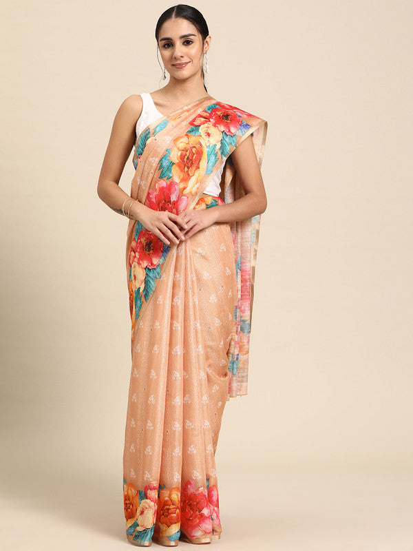 Peach Cotton Blend Digital Print Floral Saree with Unstitched Blouse - Hiral Fashion