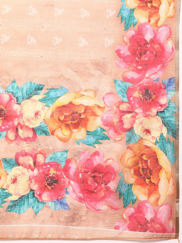 Peach Cotton Blend Digital Print Floral Saree with Unstitched Blouse - Hiral Fashion