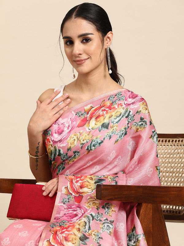 Pink Cotton Blend Digital Print Floral Saree with Unstitched Blouse - Hiral Fashion