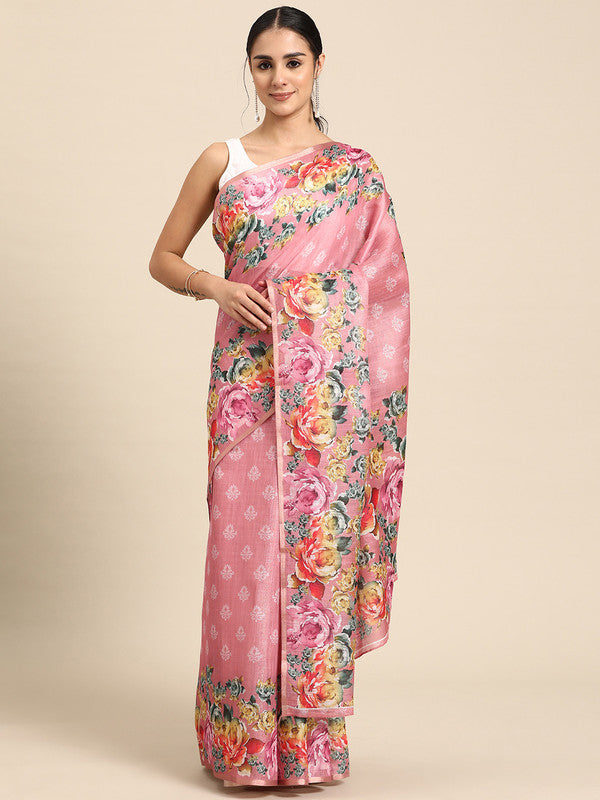 Pink Cotton Blend Digital Print Floral Saree with Unstitched Blouse - Hiral Fashion