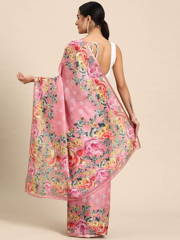 Pink Cotton Blend Digital Print Floral Saree with Unstitched Blouse - Hiral Fashion