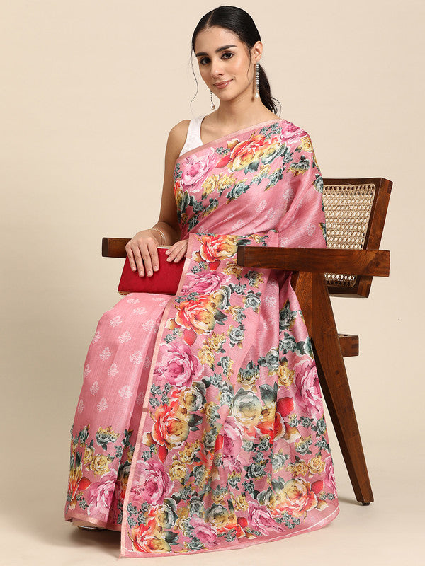 Pink Cotton Blend Digital Print Floral Saree with Unstitched Blouse - Hiral Fashion