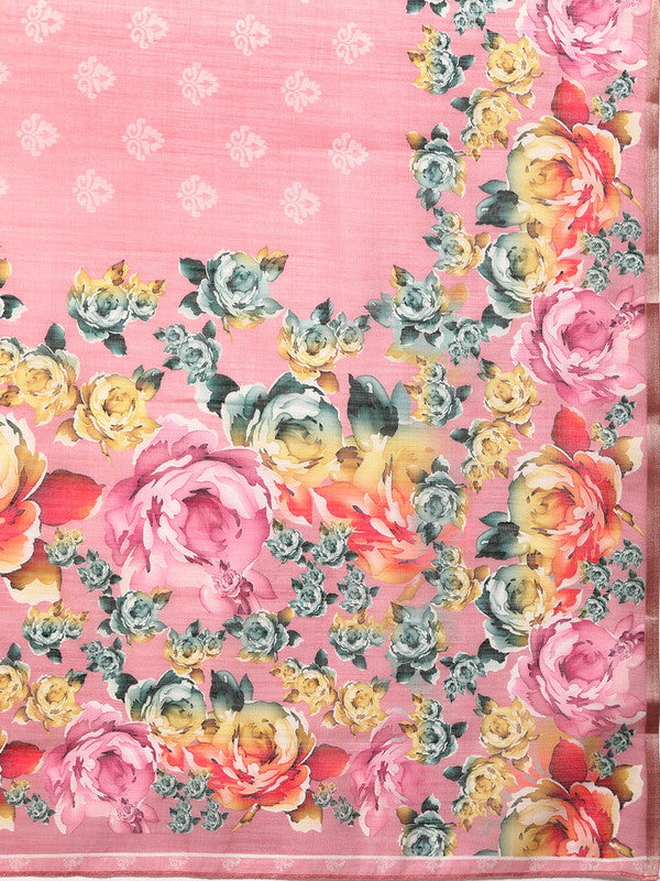 Pink Cotton Blend Digital Print Floral Saree with Unstitched Blouse - Hiral Fashion