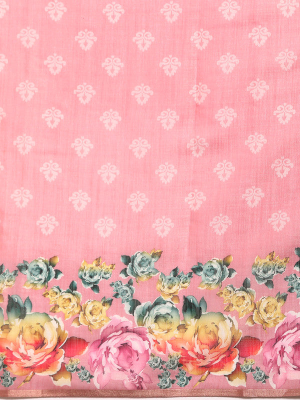 Pink Cotton Blend Digital Print Floral Saree with Unstitched Blouse - Hiral Fashion