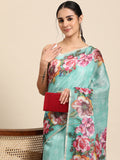 Turquoise Cotton Blend Digital Print Floral Saree with Unstitched Blouse - Hiral Fashion
