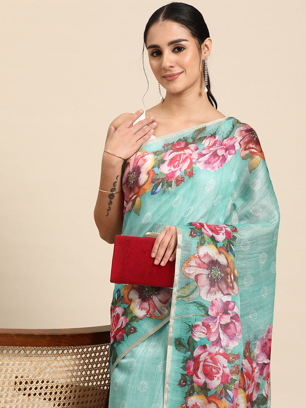 Turquoise Cotton Blend Digital Print Floral Saree with Unstitched Blouse - Hiral Fashion