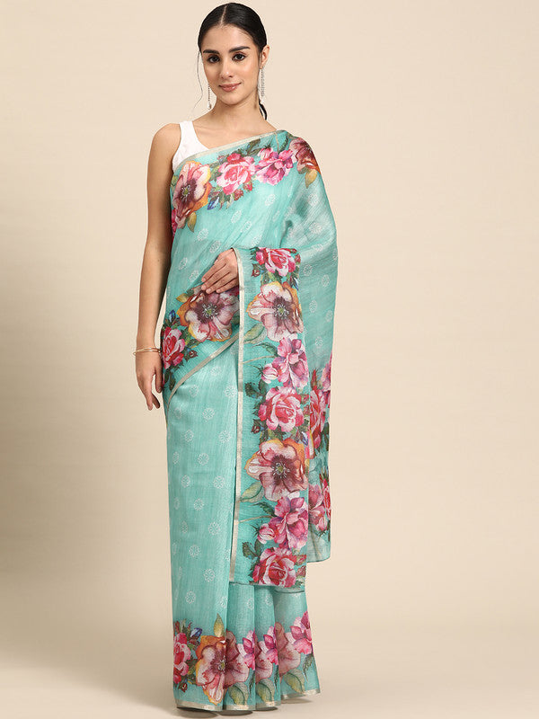 Turquoise Cotton Blend Digital Print Floral Saree with Unstitched Blouse - Hiral Fashion