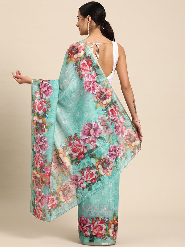 Turquoise Cotton Blend Digital Print Floral Saree with Unstitched Blouse - Hiral Fashion