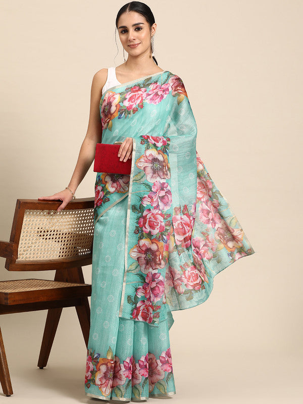Turquoise Cotton Blend Digital Print Floral Saree with Unstitched Blouse - Hiral Fashion