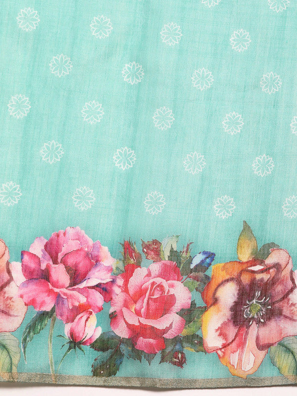 Turquoise Cotton Blend Digital Print Floral Saree with Unstitched Blouse - Hiral Fashion