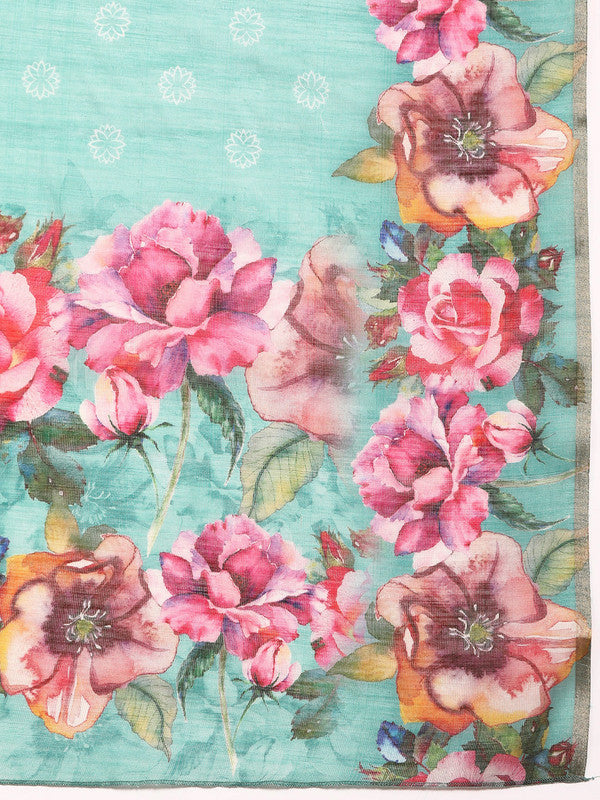 Turquoise Cotton Blend Digital Print Floral Saree with Unstitched Blouse - Hiral Fashion