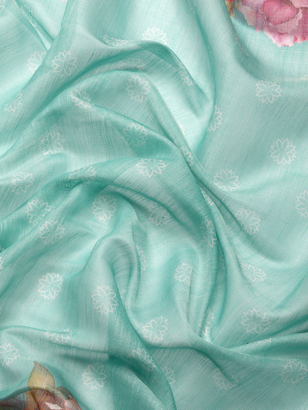 Turquoise Cotton Blend Digital Print Floral Saree with Unstitched Blouse - Hiral Fashion
