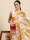 Beige Cotton Blend Digital Print Floral Saree with Unstitched Blouse - Hiral Fashion