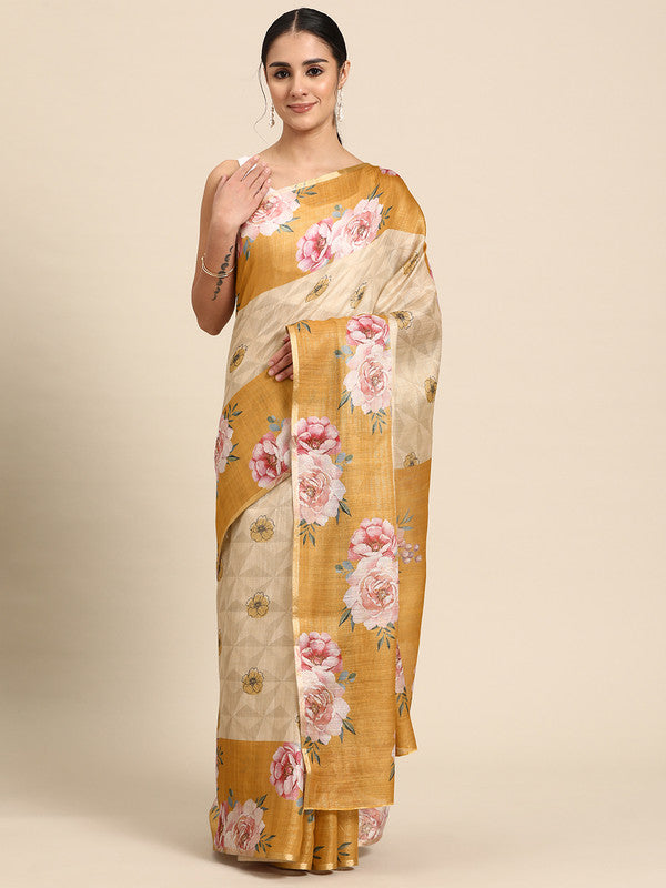 Beige Cotton Blend Digital Print Floral Saree with Unstitched Blouse - Hiral Fashion