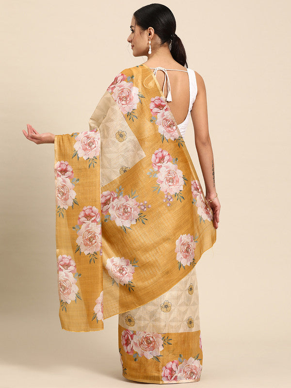 Beige Cotton Blend Digital Print Floral Saree with Unstitched Blouse - Hiral Fashion
