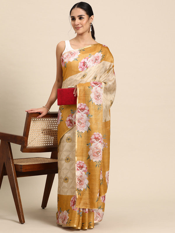 Beige Cotton Blend Digital Print Floral Saree with Unstitched Blouse - Hiral Fashion