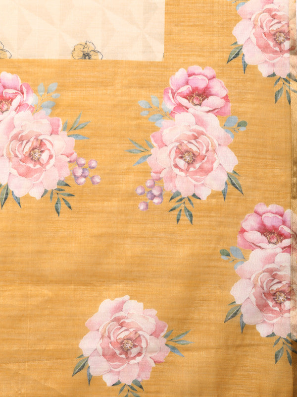 Beige Cotton Blend Digital Print Floral Saree with Unstitched Blouse - Hiral Fashion