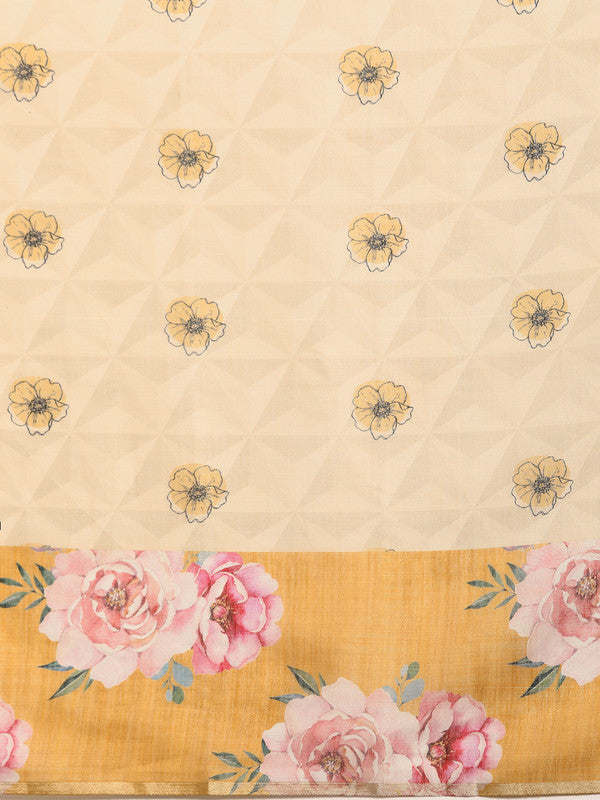 Beige Cotton Blend Digital Print Floral Saree with Unstitched Blouse - Hiral Fashion